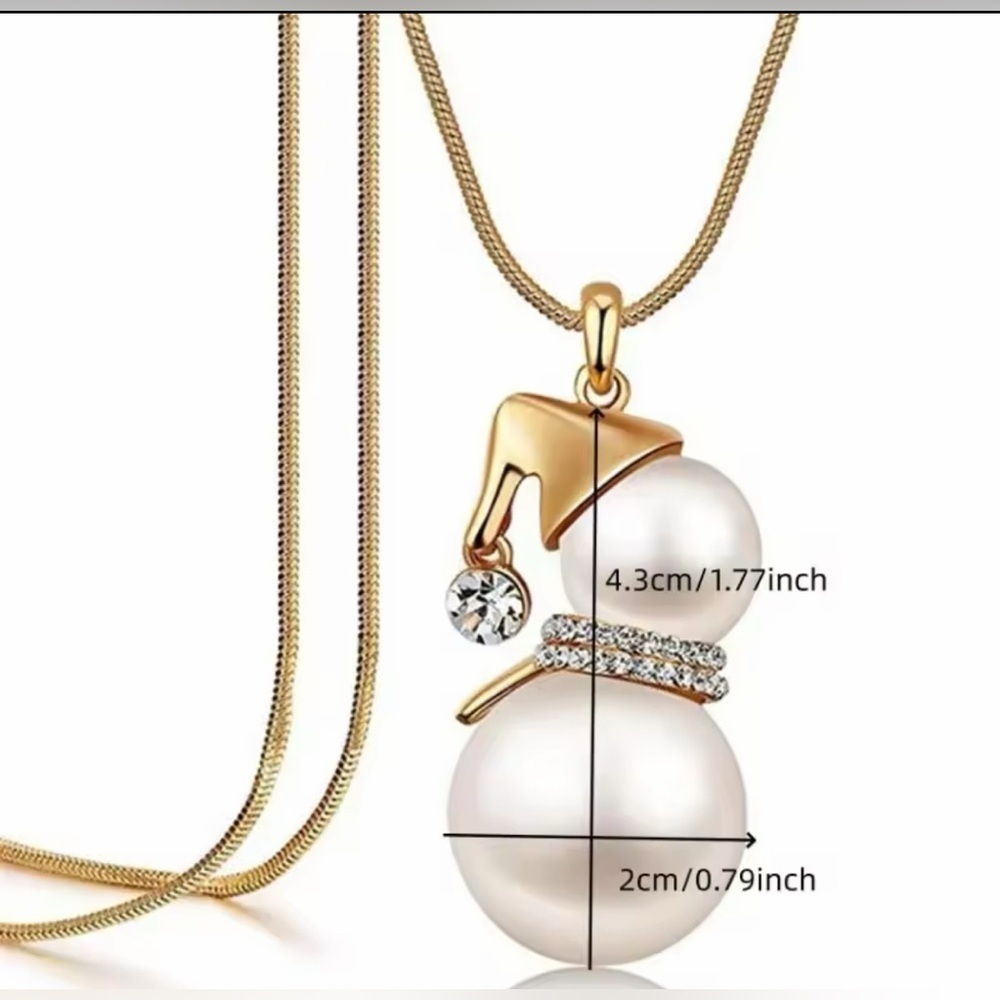 18K Gold & Pearl Snowman With Diamond Accent Pendantt Sweater Necklace - Picture 7 of 11